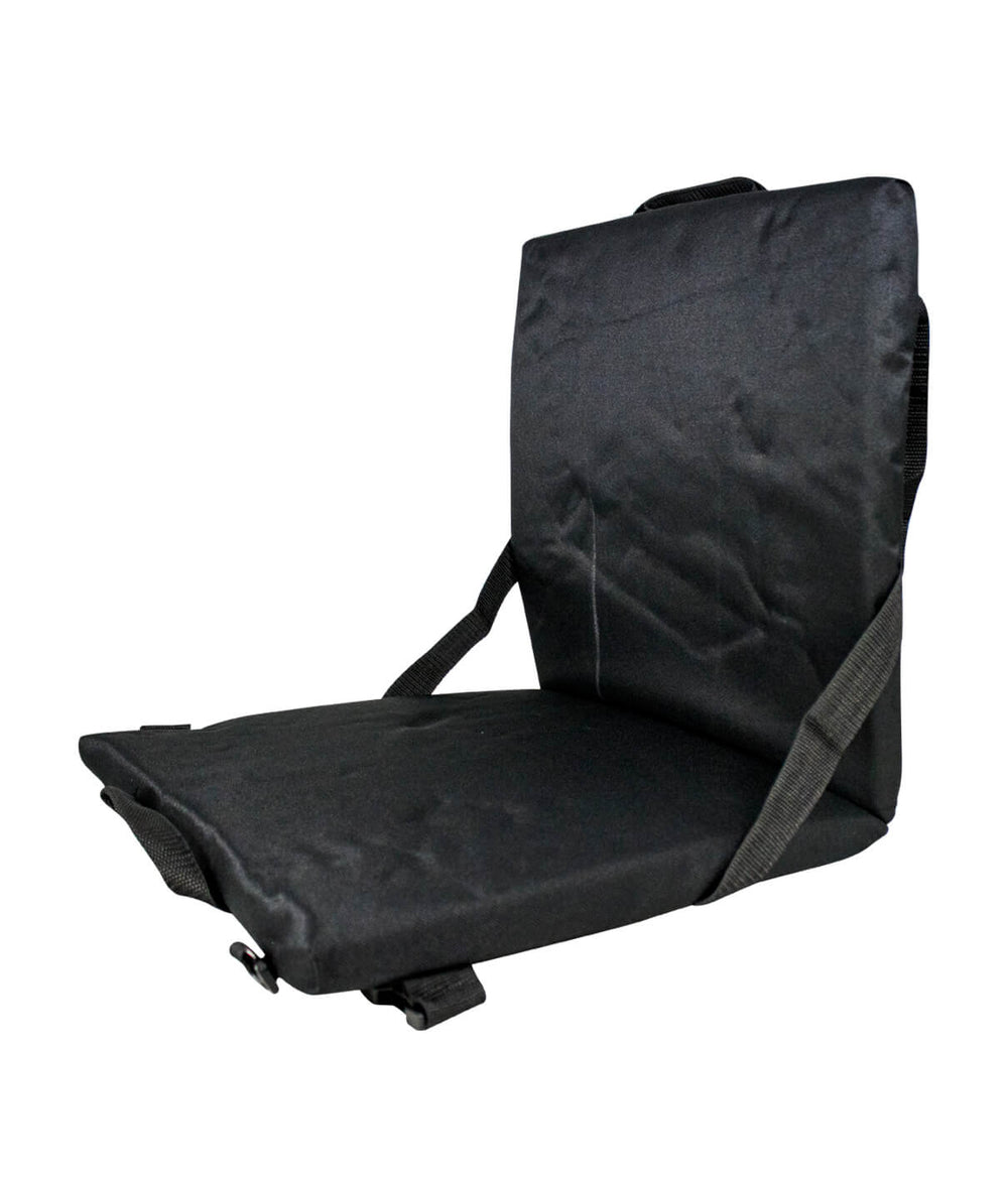 Choo Choo folding stadium seat featuring a comfortable black padded design with adjustable straps for bleachers.