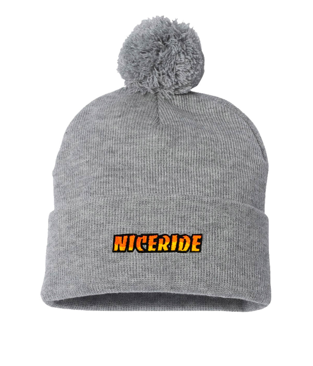 Classic NICERIDE puff beanie with pom pom and embroidered logo in gray color.