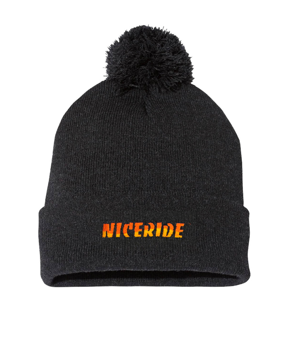 Classic NICERIDE Puff Beanie with logo, 12" cuffed beanie, perfect winter accessory.