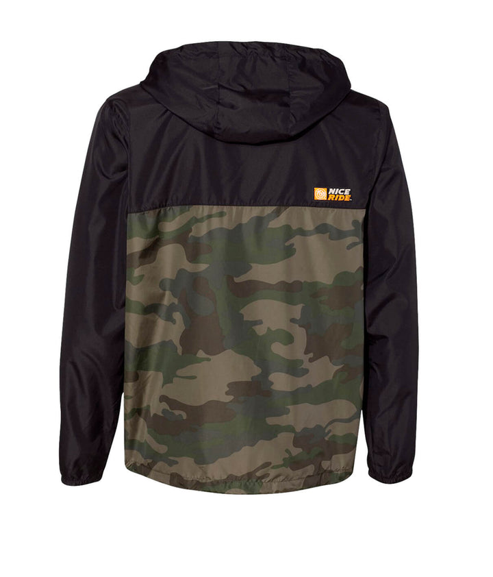 Back view of the "Choo Choo" lightweight windbreaker jacket featuring camo design and NICE RIDE logo.