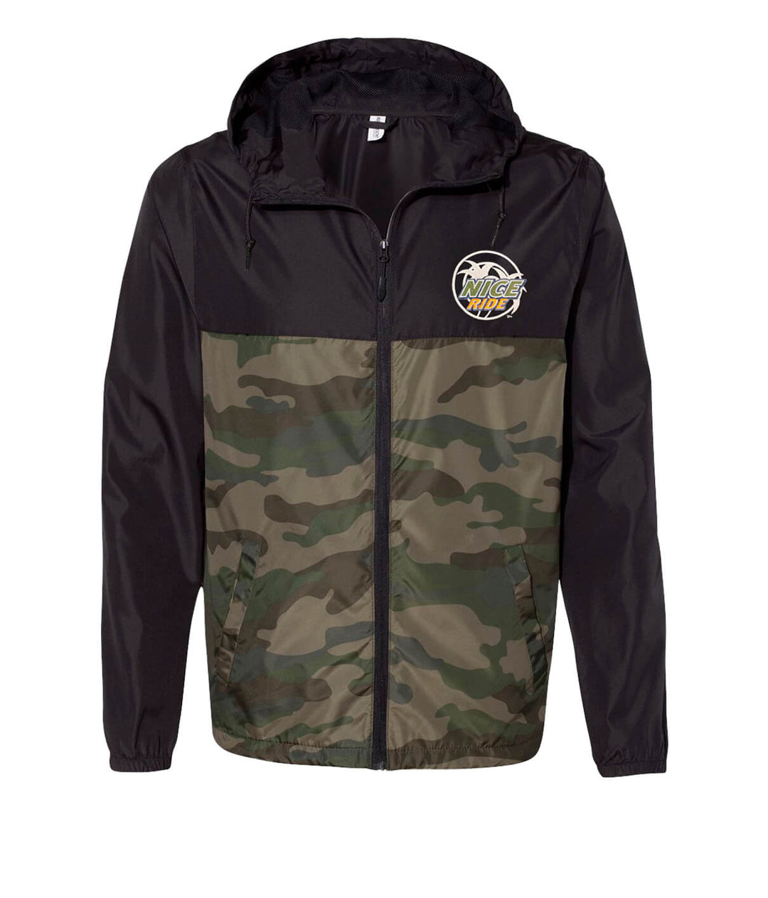 Choo Choo lightweight windbreaker jacket in black and camouflage with embroidered logo, perfect for outdoor activities.