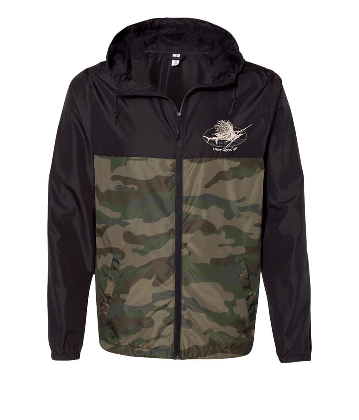 Lightweight Windbreaker jacket with camouflage design and logo on the chest, ideal for outdoor activities.