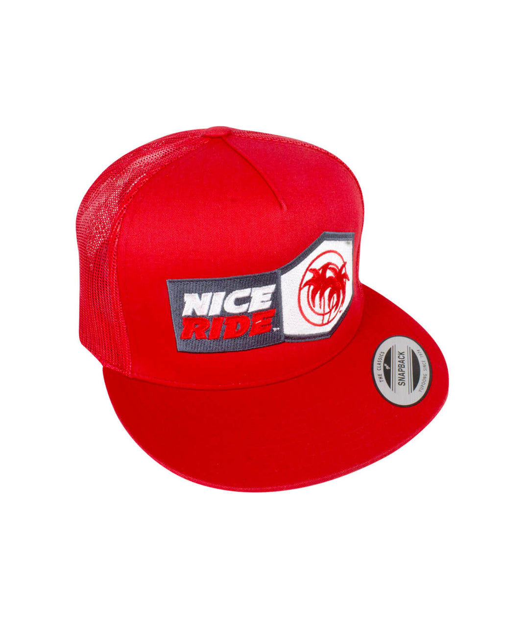 Red Socket Trucker Baseball hat featuring NICERIDE design and classic palm logo, perfect for summer wear.