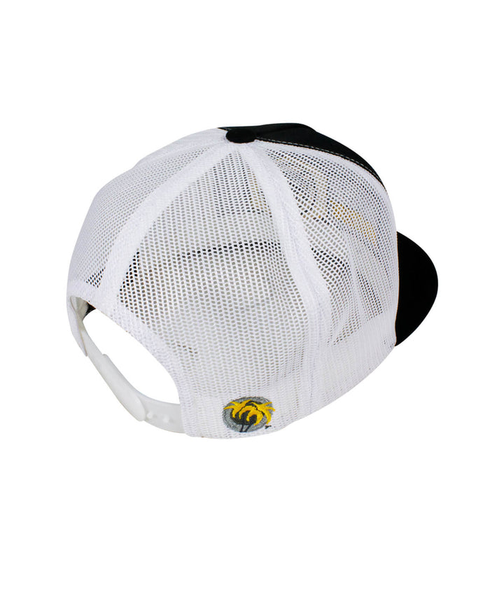 Back view of Socket Trucker Baseball hat showcasing its mesh design and blacked out palm logo on the right side. Perfect hat for casual wear.