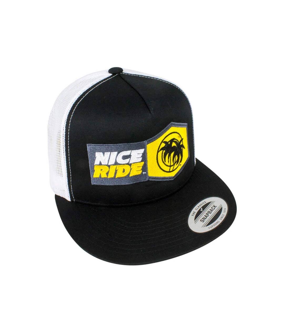 Socket Trucker Baseball hat featuring NICERIDE logo, black front and white mesh sides, perfect hat for casual outings.