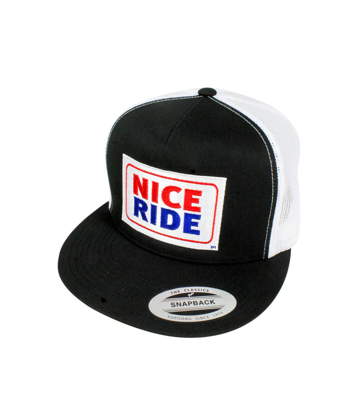 Shield Trucker Hat featuring embroidered NICE RIDE logo on black and white snapback style. Ideal trucker hat.