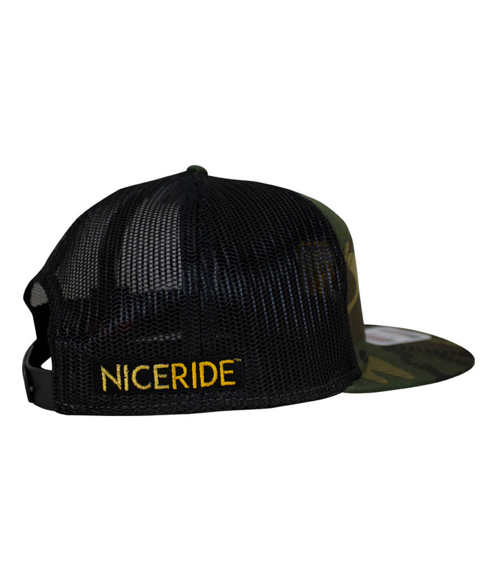 Palm Box OTTO Unisex 7 Panel Trucker Hat featuring Niceride logo and mesh back in camouflage design.