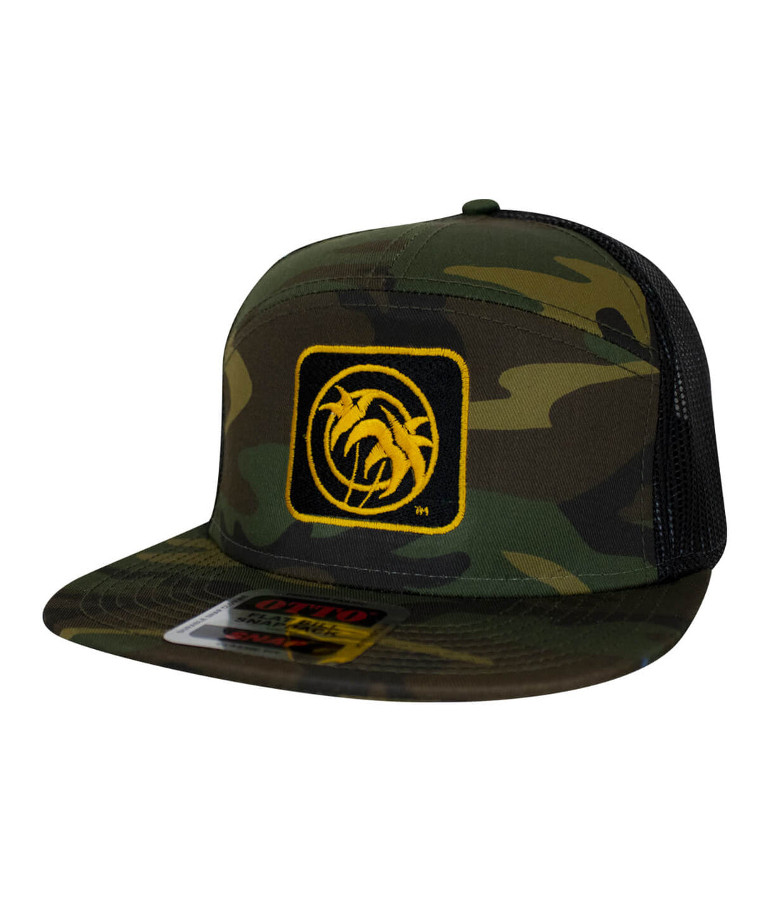 Palm Box OTTO unisex 7 panel trucker hat in camouflage with yellow Palm Box embroidery.