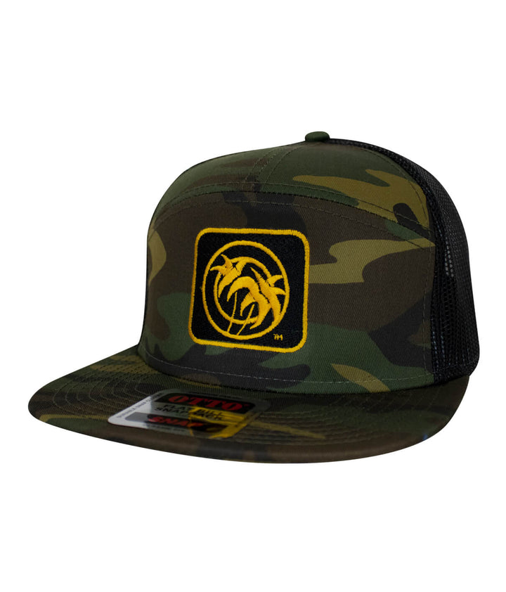 Palm Box OTTO unisex 7 panel trucker hat in camouflage with yellow Palm Box embroidery.