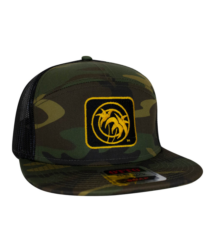 Palm Box OTTO Unisex 7 Panel Trucker Hat in camo with yellow palm logo embroidery.
