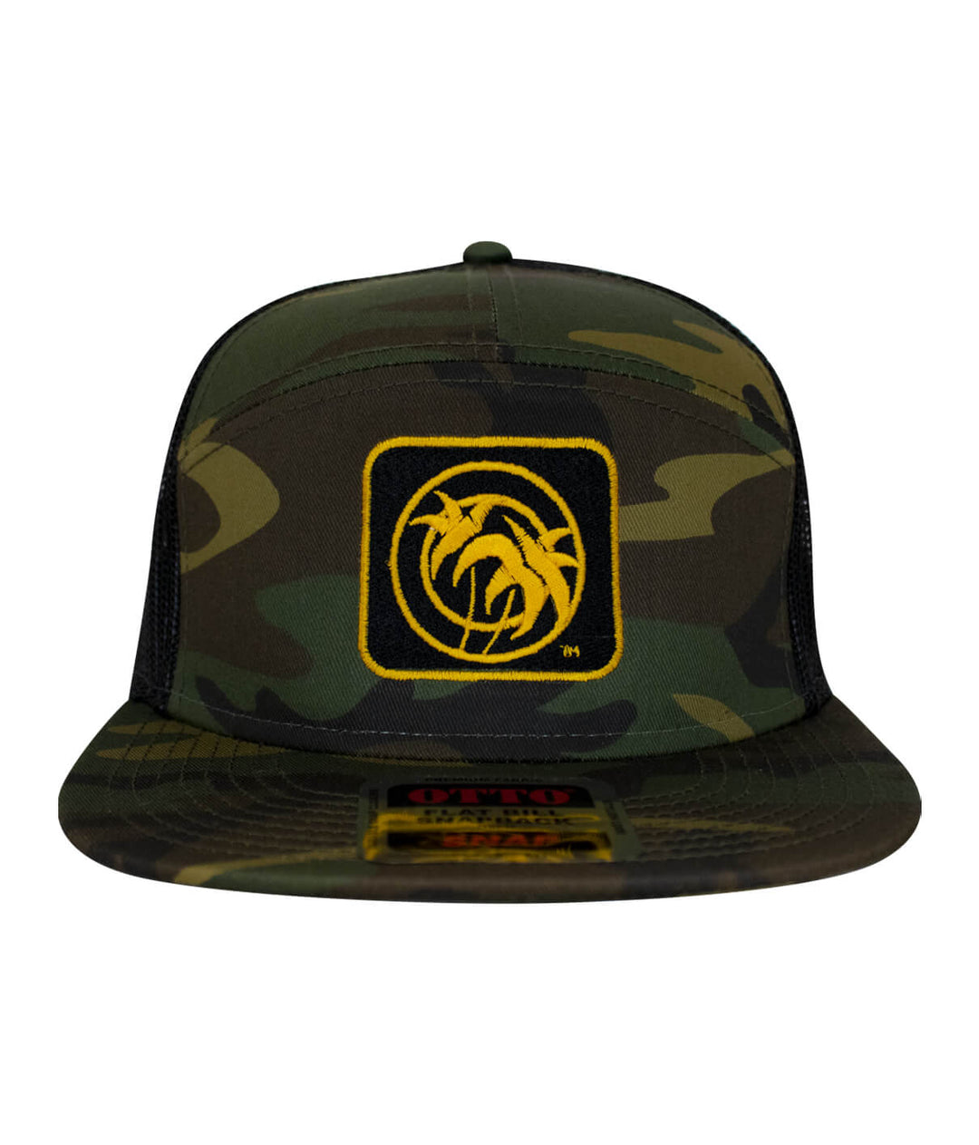 Niceride Palm Box unisex 7 panel trucker hat in camouflage with yellow logo embroidery.
