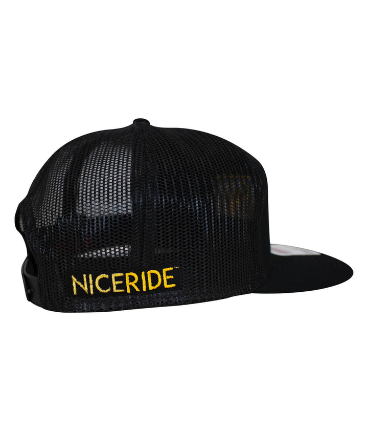 Back view of NICERIDE Palm Box Unisex 7 Panel Trucker Hat showcasing mesh design and logo.