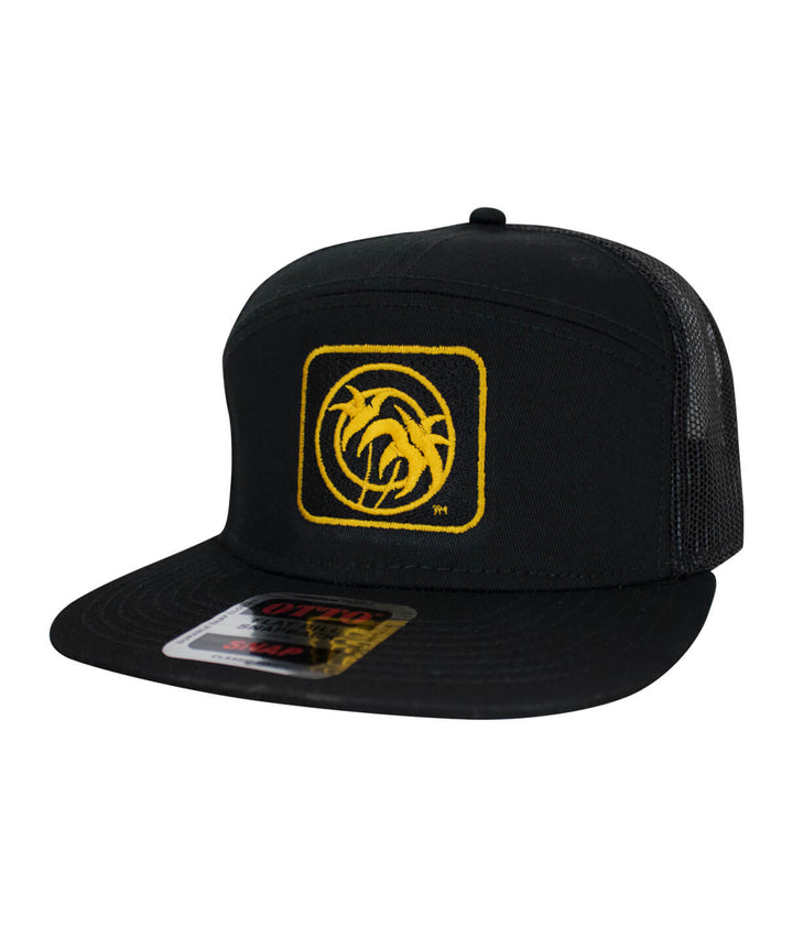 Black OTTO Unisex 7 Panel Trucker Hat featuring bold Palm Box embroidery on front and mesh-back design.
