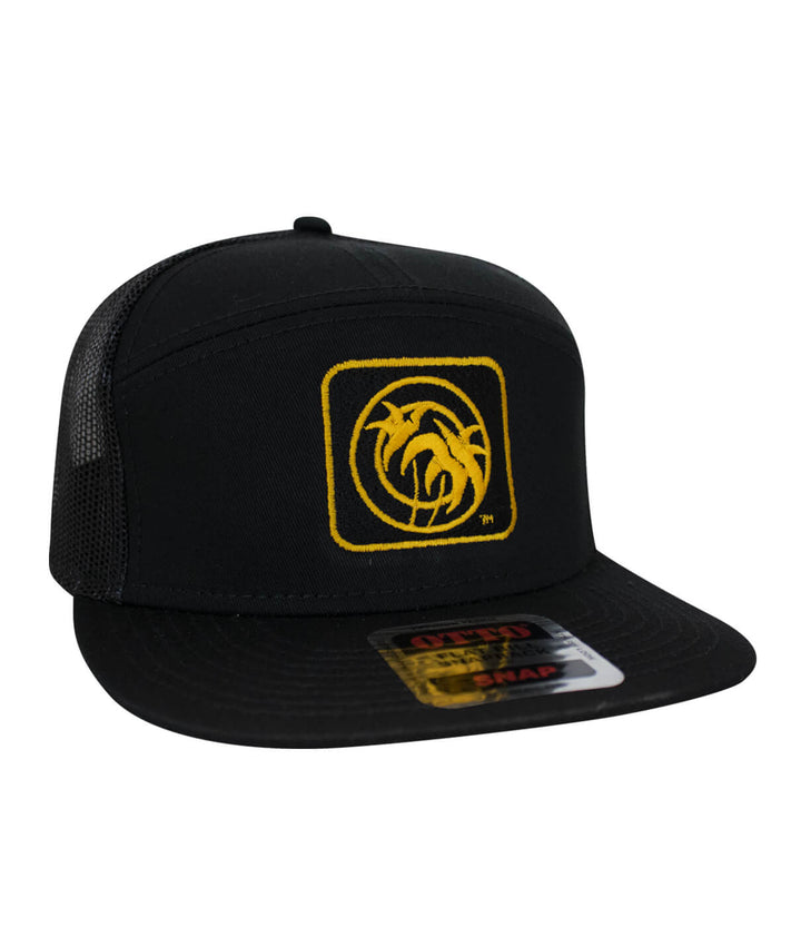 Palm Box Unisex 7 Panel Trucker Hat by Niceride in black with yellow embroidery.
