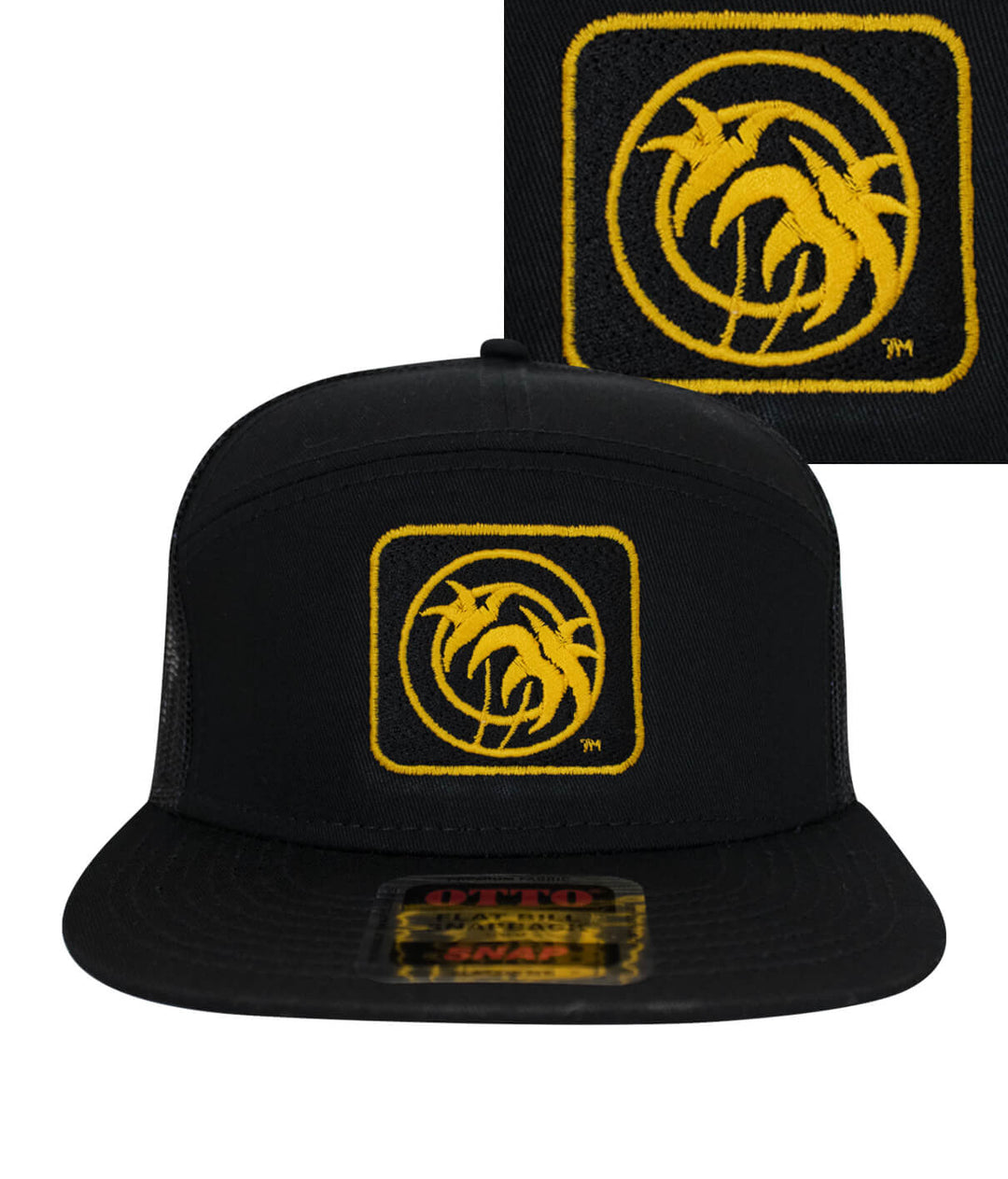 Black OTTO 7-panel trucker hat featuring bold yellow &