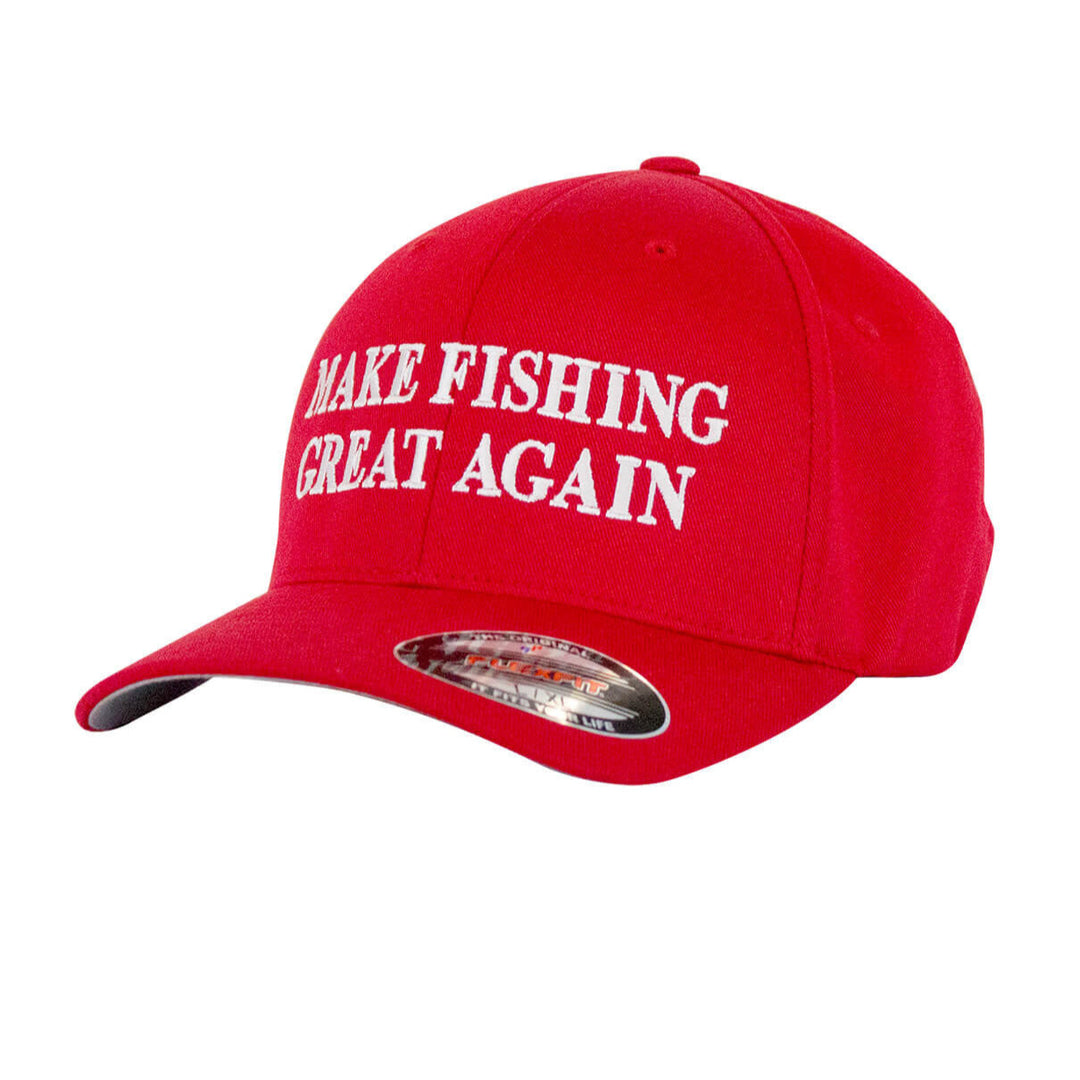 Make Fishing Great Again Classic Flexfit Hat in red with embroidered text, ideal hat for fishing enthusiasts.