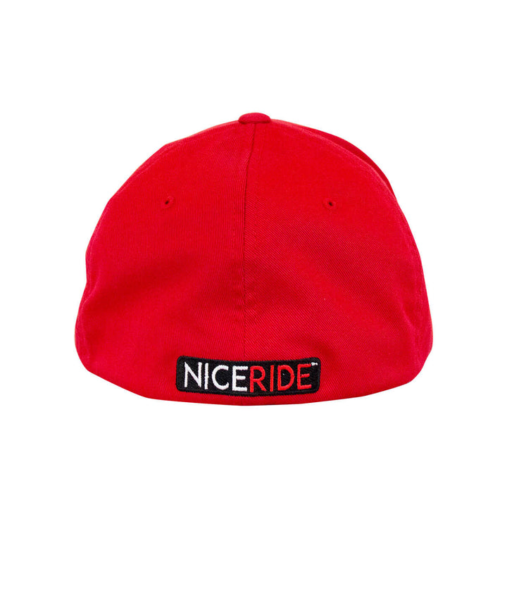 Back view of a red hat with NICERIDE embroidered logo, part of the &