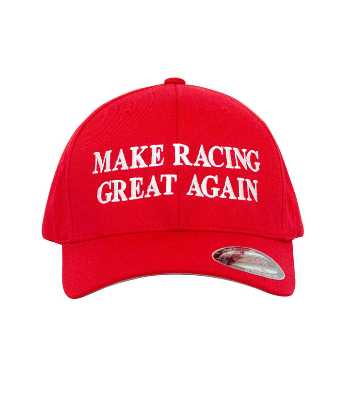 Classic Flexfit hat featuring "Make Racing Great Again" embroidered in white on a red cap.