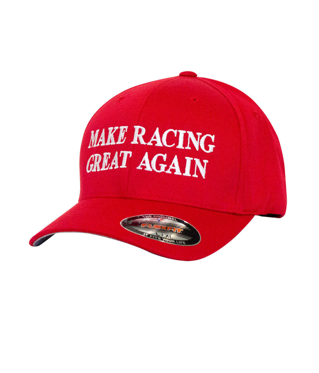 Make Racing Great Again red Classic Flexfit hat with embroidered logo on front, showcasing a stylish design.
