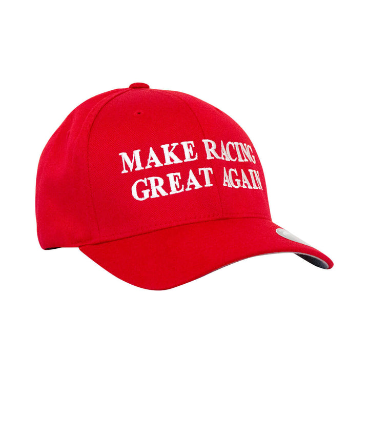 Classic Flexfit hat with "Make Racing Great Again" embroidered text on a red baseball cap.