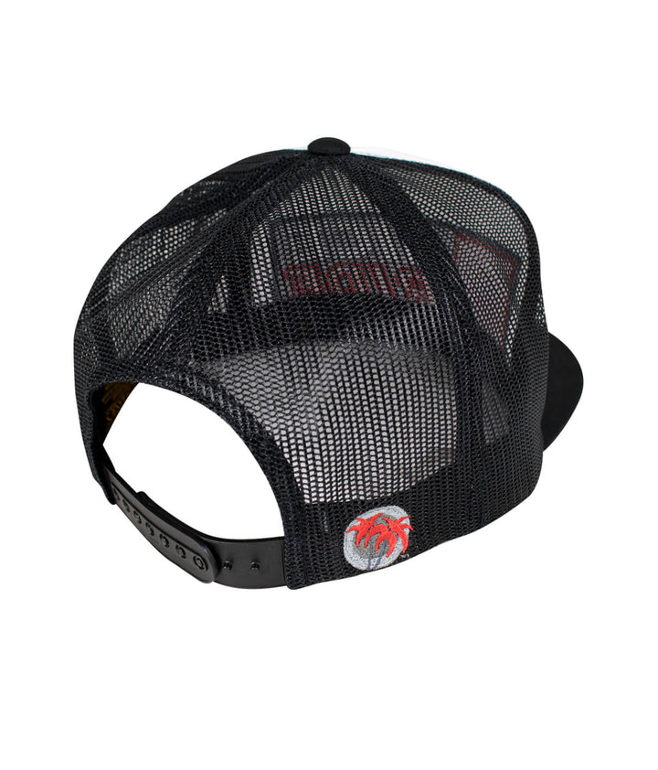 Back view of the Madera trucker hat showcasing the black mesh and palm logo embroidery on the side.
