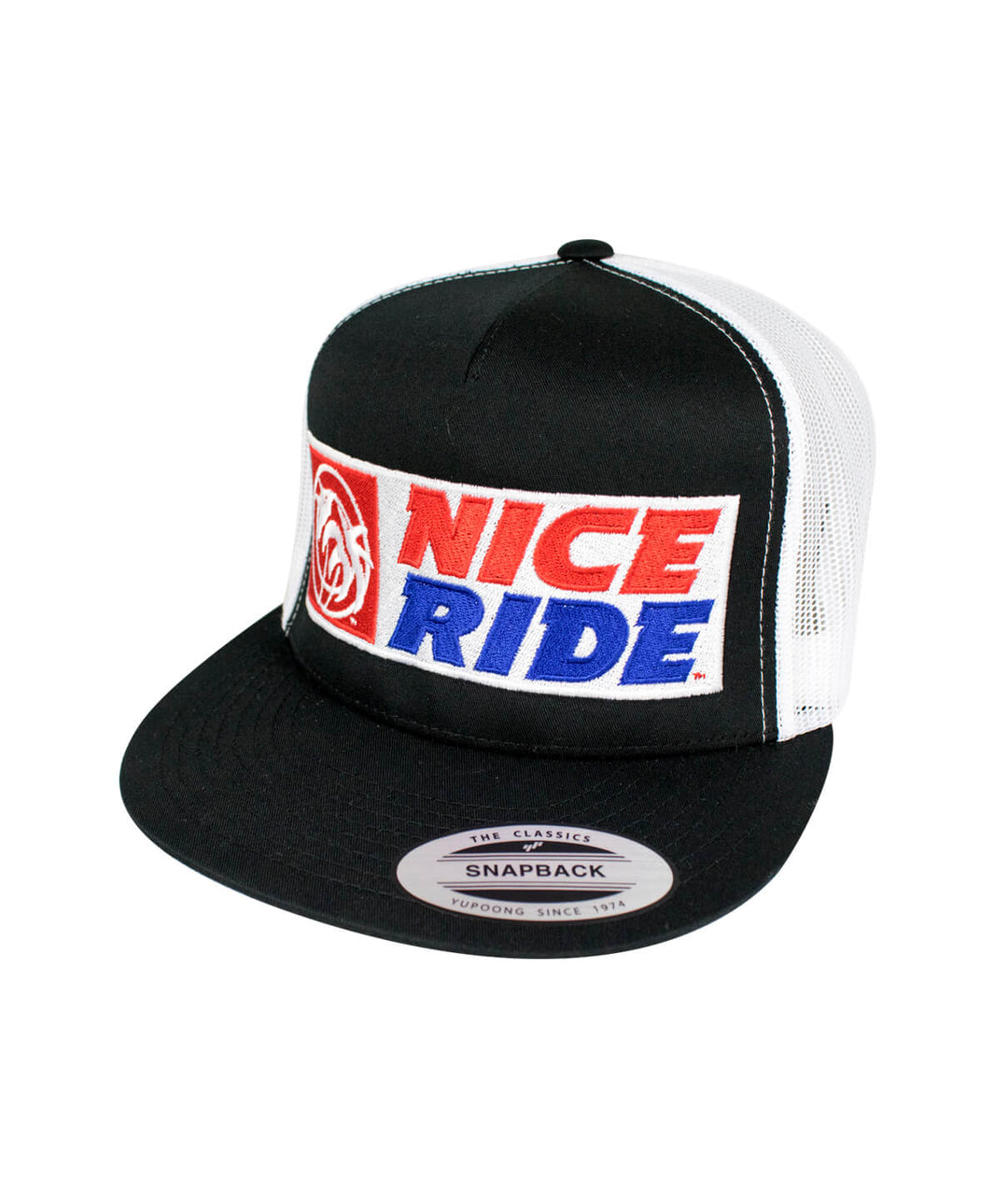 Madera trucker hat featuring NICE RIDE design, black mesh back, and classic snapback style for a stylish look.