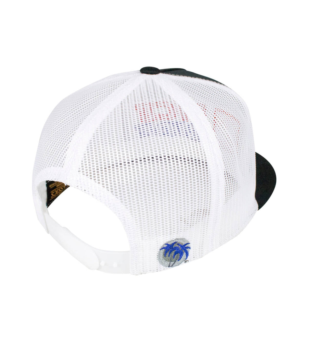 Back view of the Madera Trucker hat showing mesh design and palm logo embroidery.