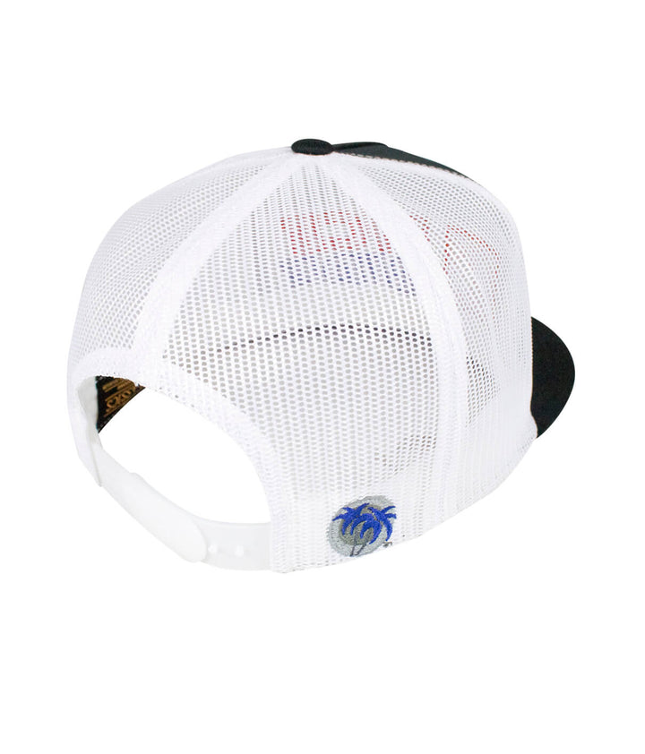 Back view of the Madera Trucker hat showing mesh design and palm logo embroidery.