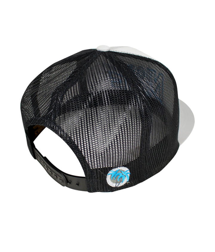 Back view of a black mesh snapback trucker hat featuring NICERIDE&