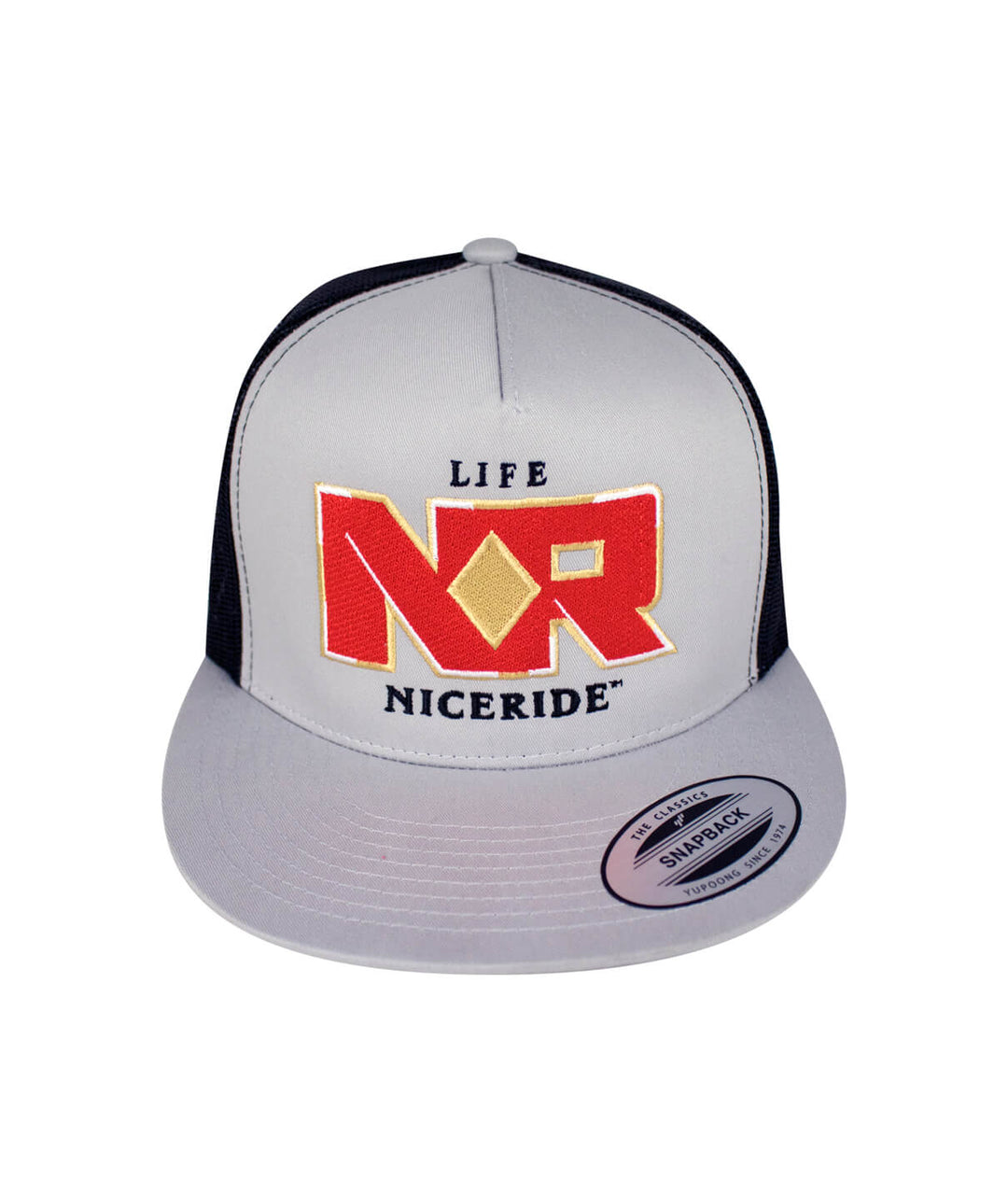 6006 Classic Snapback Trucker Hat with NICERIDE design, featuring embroidered front and back logos, perfect hat for style.