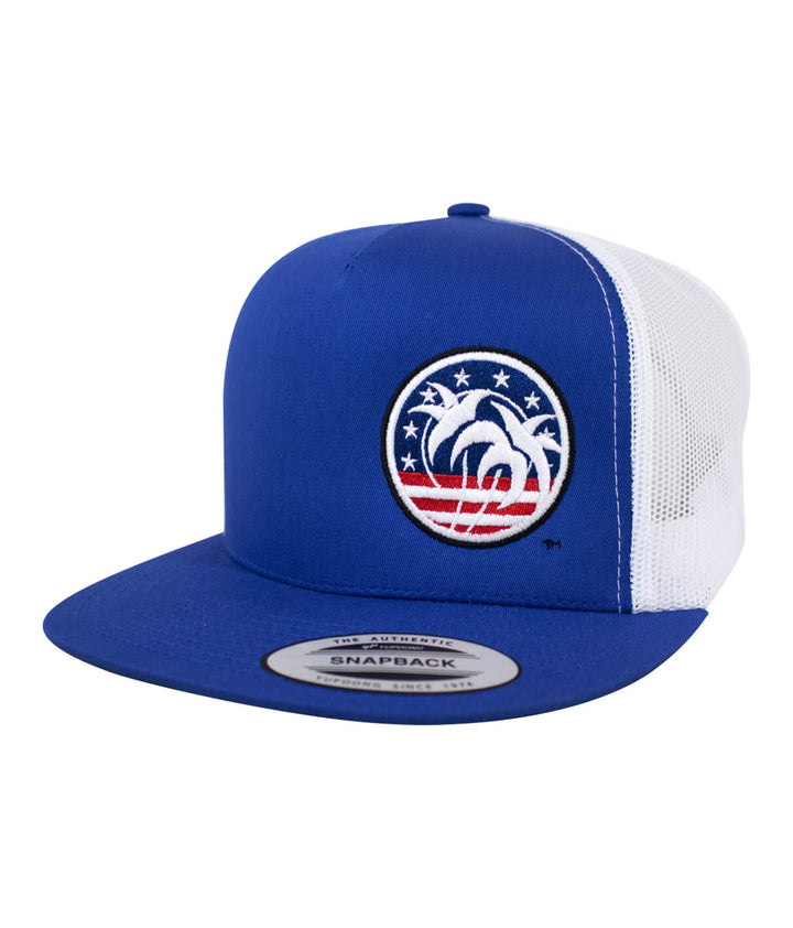 Spirit of 76-LP Trucker Hat featuring a vibrant blue design with palm tree and star graphics, perfect summer hat.