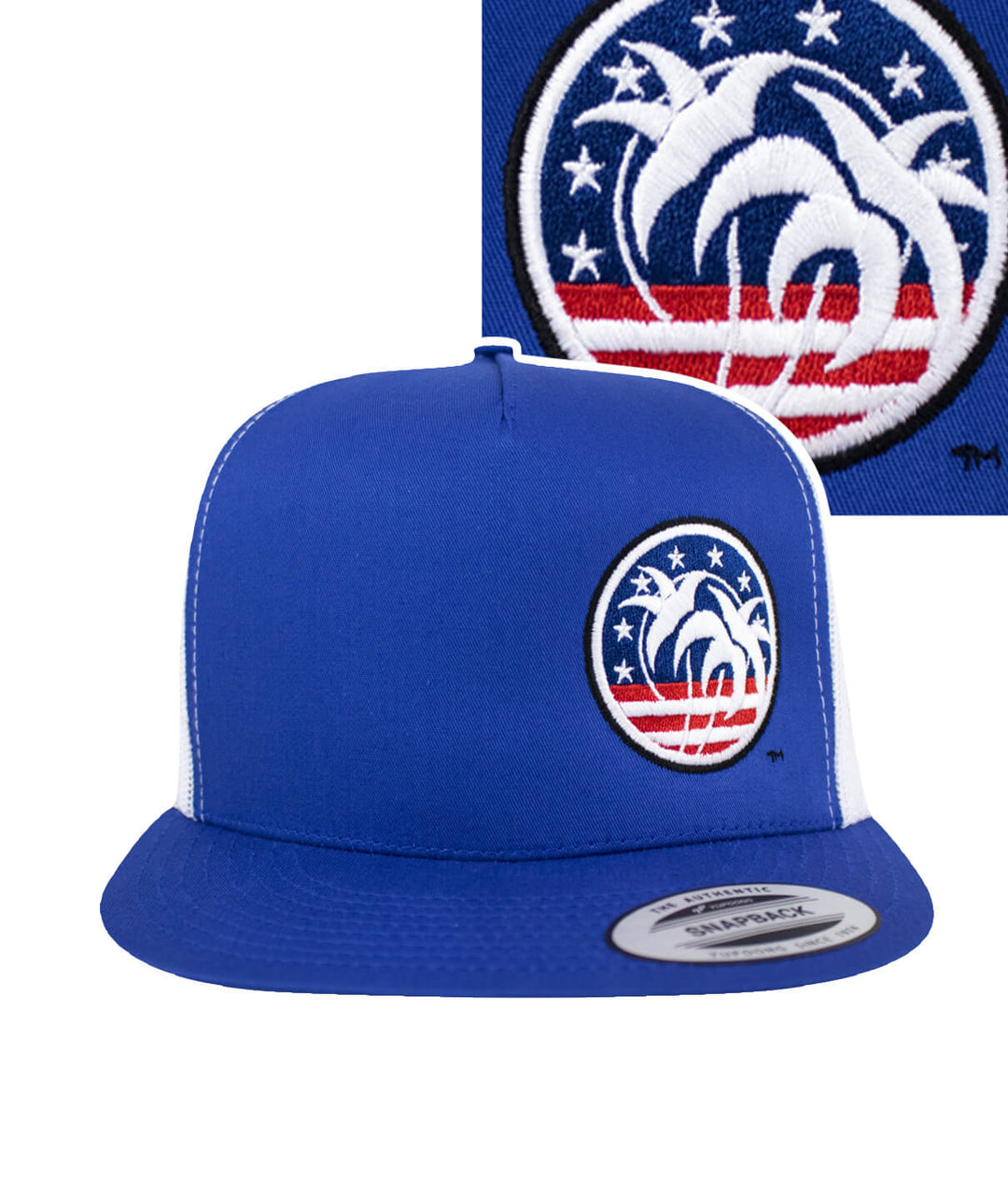 Spirit of 76-LP Trucker Hat in blue with embroidered logo design, classic snapback style, a perfect hat for outdoor activities.