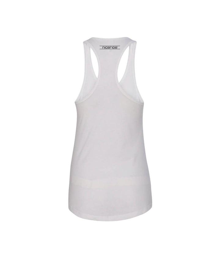 Back view of the Godfather white Next Level racerback tank top for women, showcasing the design and comfortable fit.