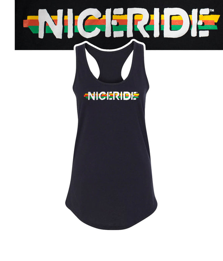 Lion Tamer black tank top for women featuring NICERIDE logo on front and back.