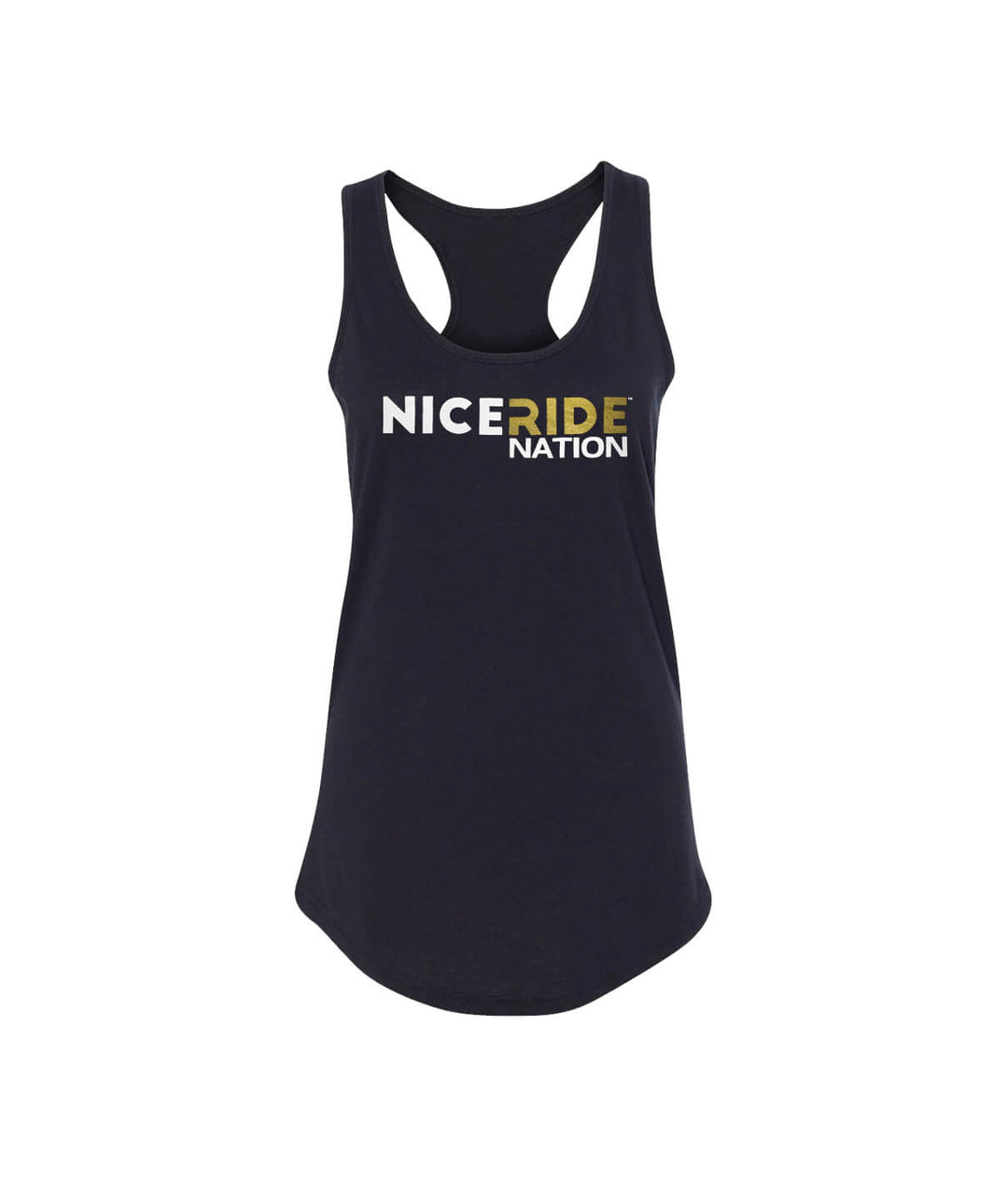 Black tank top for women with NICERIDE NATION design, ideal for yoga, featuring a racerback style.