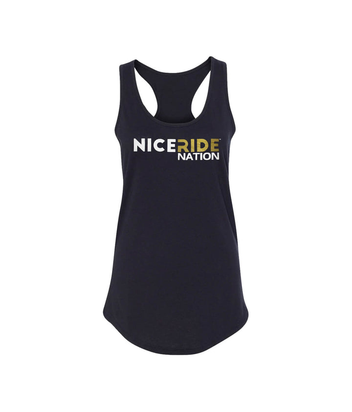 Black tank top for women with NICERIDE NATION design, ideal for yoga, featuring a racerback style.