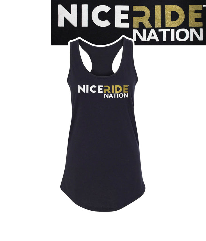 Black racerback tank top for women featuring NICERIDE logo, perfect for yoga and casual wear, tank top.