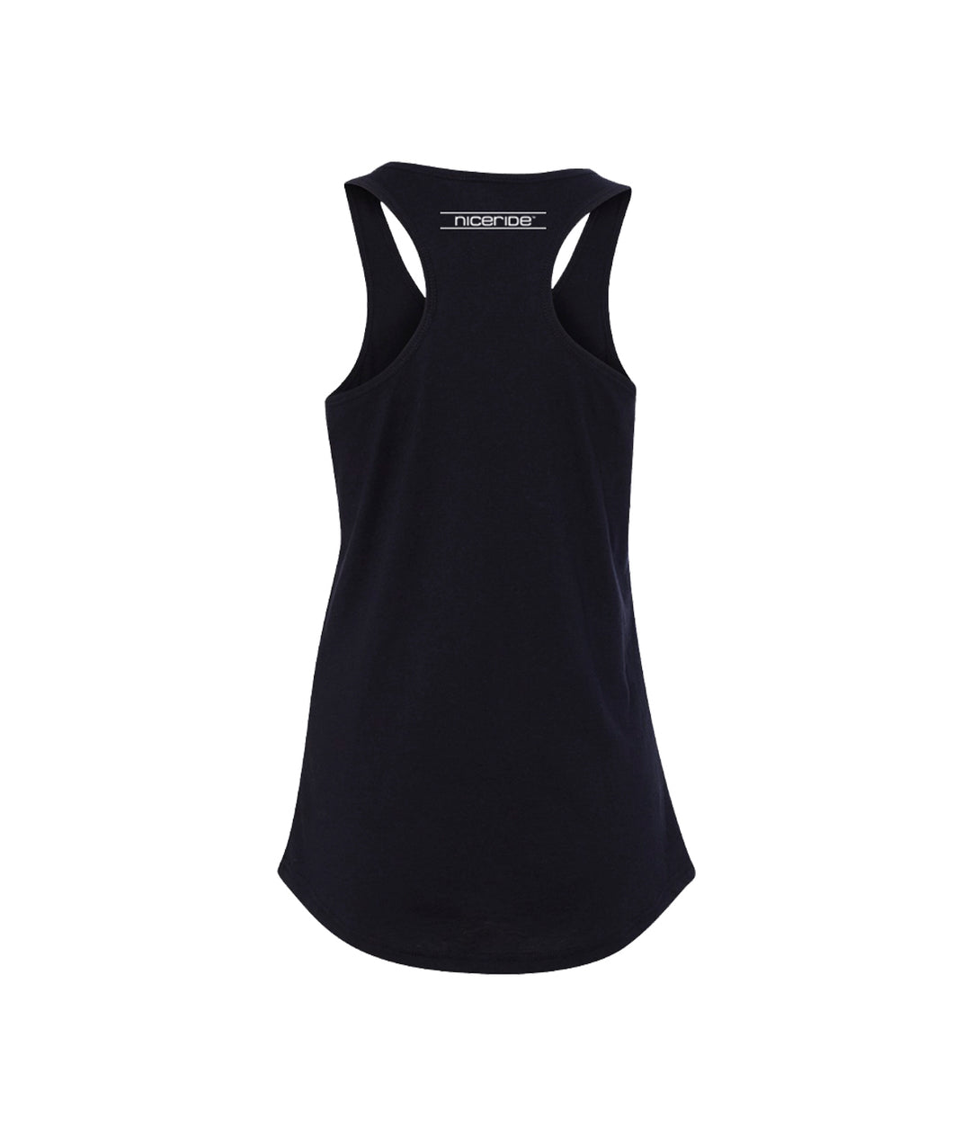 Back view of the Banjo black tank top for women, a comfortable racerback tank top.