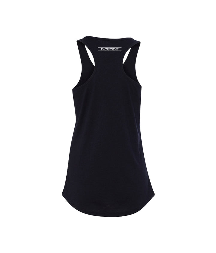 Back view of the Banjo black tank top for women, a comfortable racerback tank top.