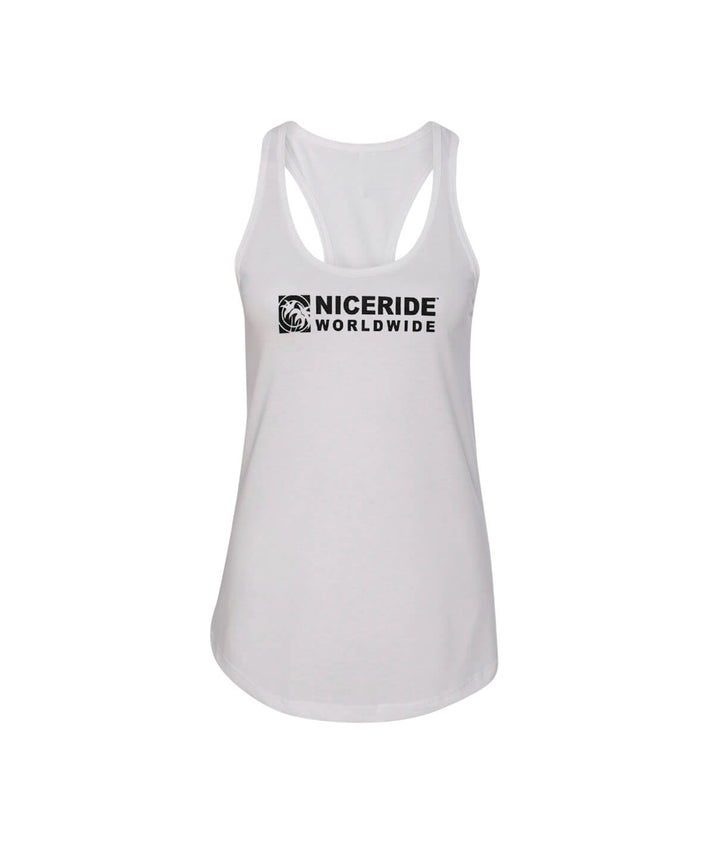 Women’s white racerback tank top featuring NICERIDE WORLDWIDE logo, perfect for yoga and casual wear.