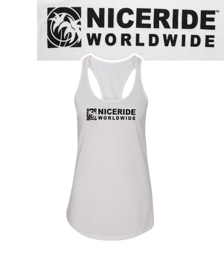 White racerback tank top featuring NICERIDE WORLDWIDE logo, perfect for yoga and casual wear.