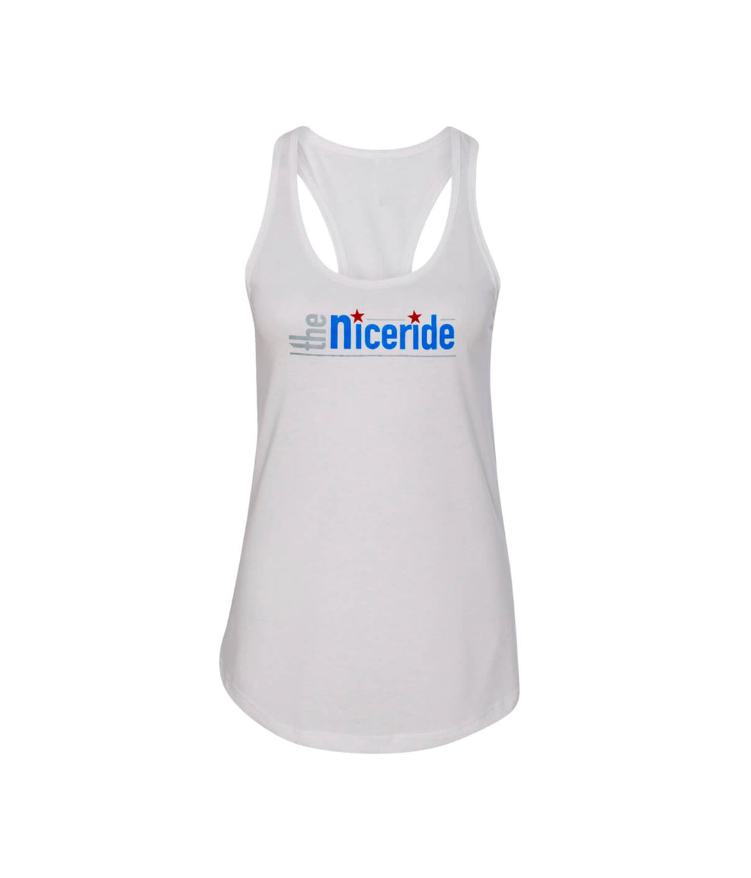 Women’s racerback tank top featuring NICERIDE logo, perfect for yoga or casual wear. Stylish and comfortable tank top.