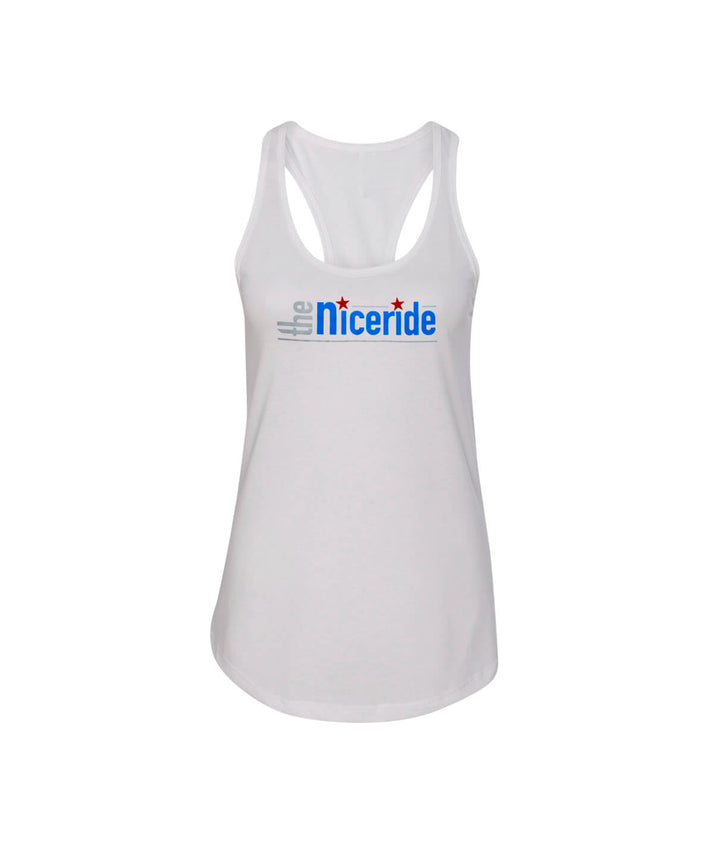 Women’s racerback tank top featuring NICERIDE logo, perfect for yoga or casual wear. Stylish and comfortable tank top.