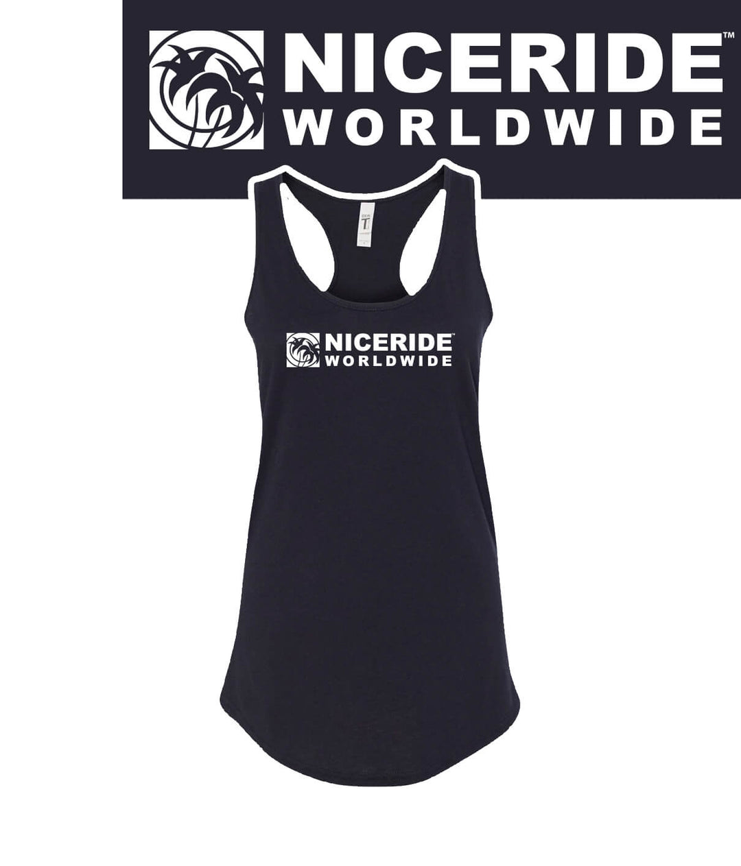Black NICERIDE Worldwide racerback tank top with logo, perfect for yoga and comfortable wear.