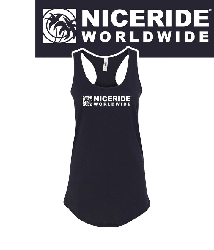 Black NICERIDE Worldwide racerback tank top with logo, perfect for yoga and comfortable wear.