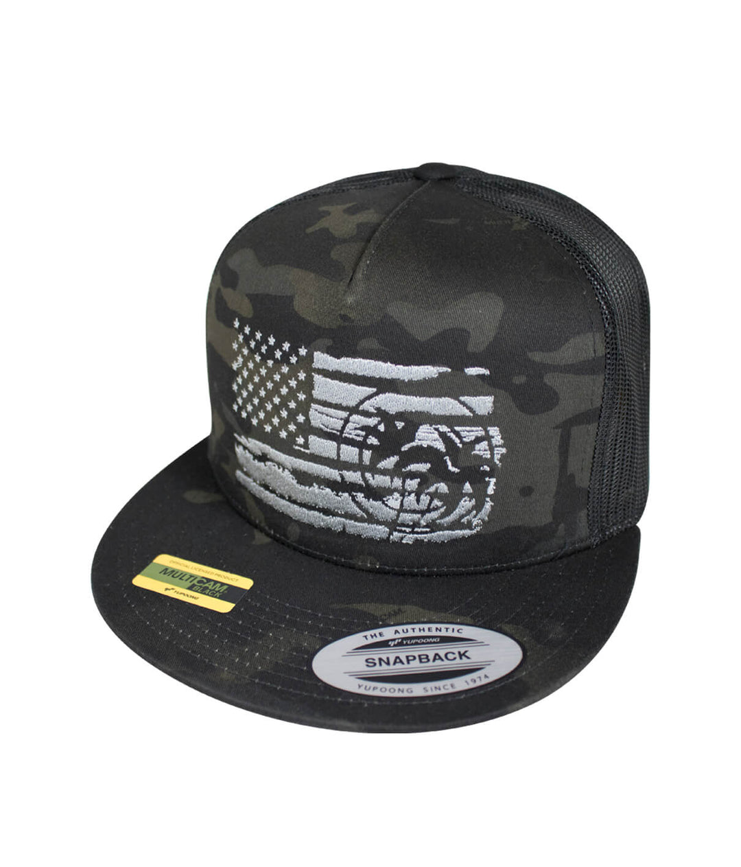 Hat featuring a camouflage design with an American flag emblem, perfect for outdoor use.
