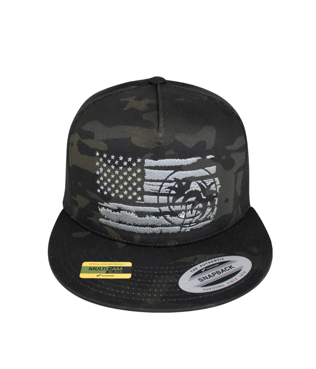 Black camo baseball cap featuring embroidered American flag design and NICERIDE logo on the front panel, stylish hat.