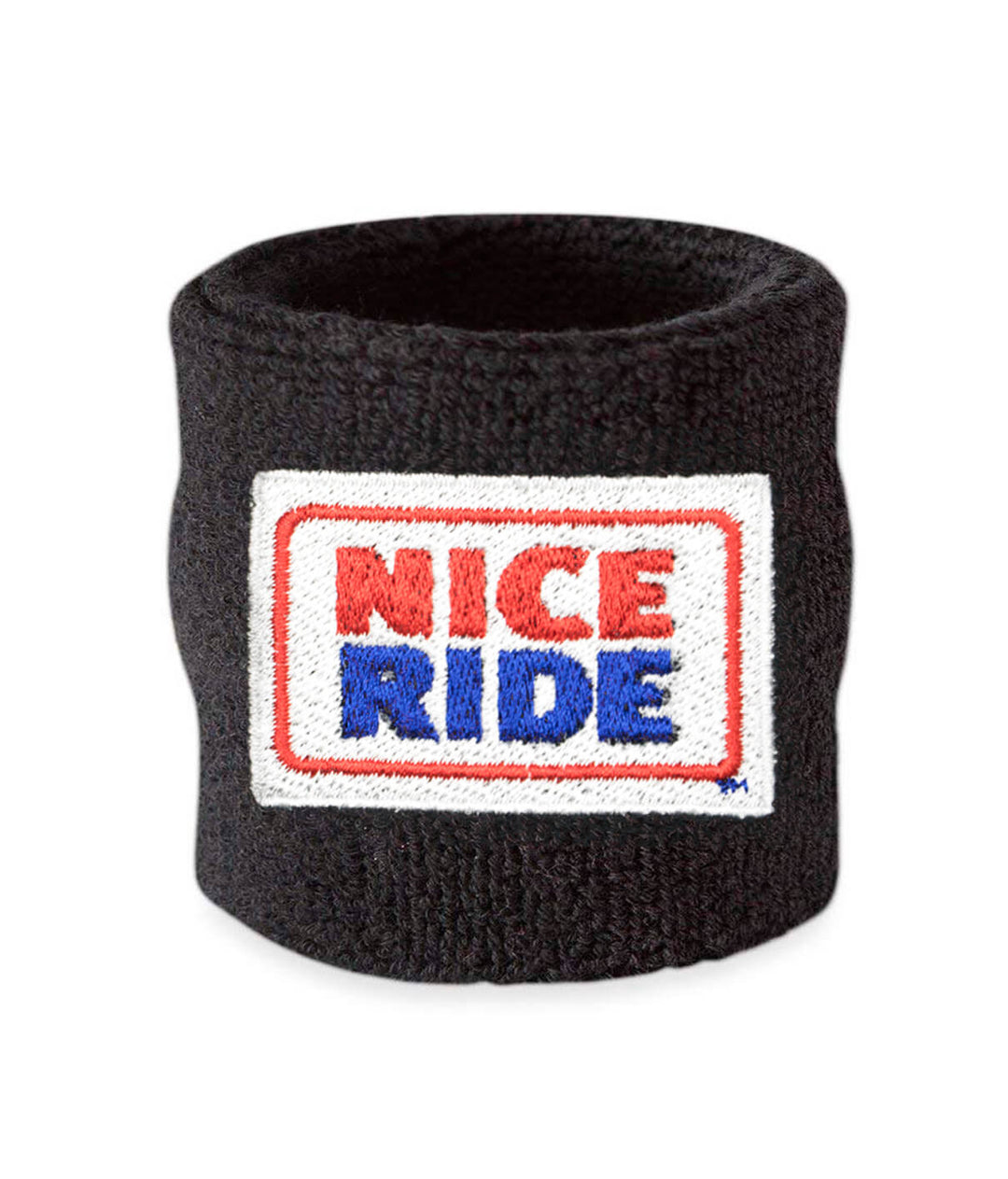 Black wristband with NICERIDE logo embroidered for sweat absorption during sports or workouts.