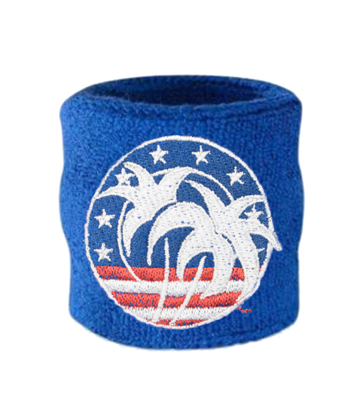 SPIRIT OF 76 wrist sweatband in blue with palm tree and stars design, perfect for athletes.