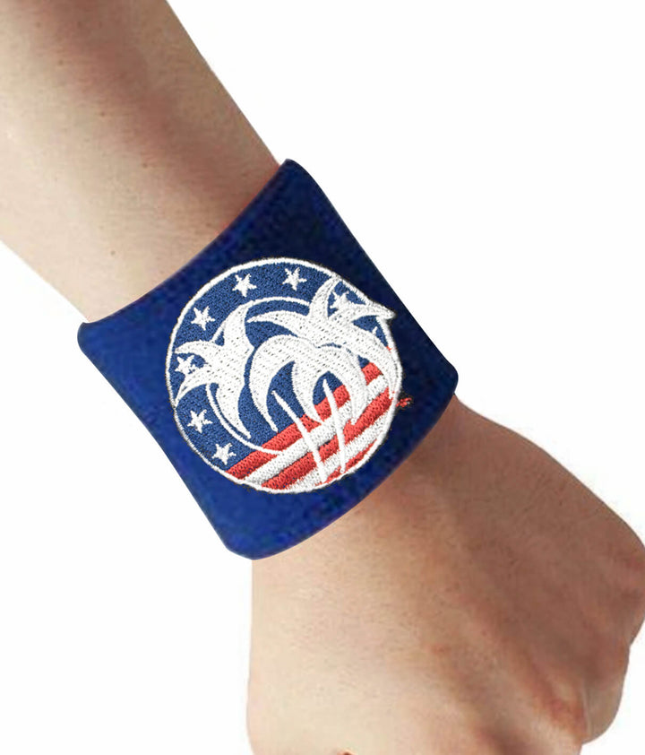 SPIRIT OF 76 wrist sweatband with embroidered design on a blue background, ideal for athletic use.